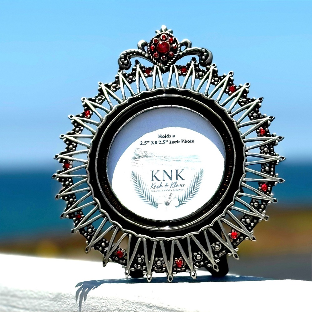 Jeweled Crown Picture Frame Silver Tone Red Rhinestone Coastal Glam 2.5" Photo